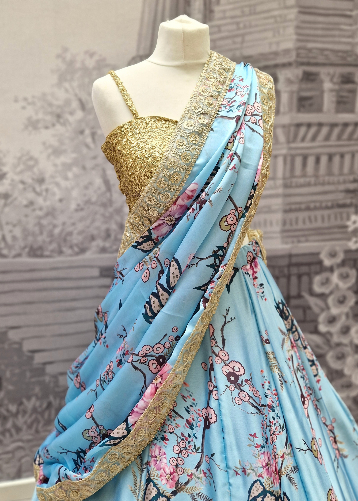 Sakura Blue Satin Print Dupatta/Chunni sequin edging