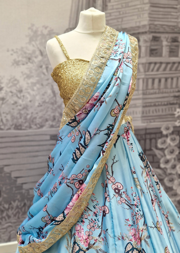 Sakura Blue Satin Print Dupatta/Chunni sequin edging