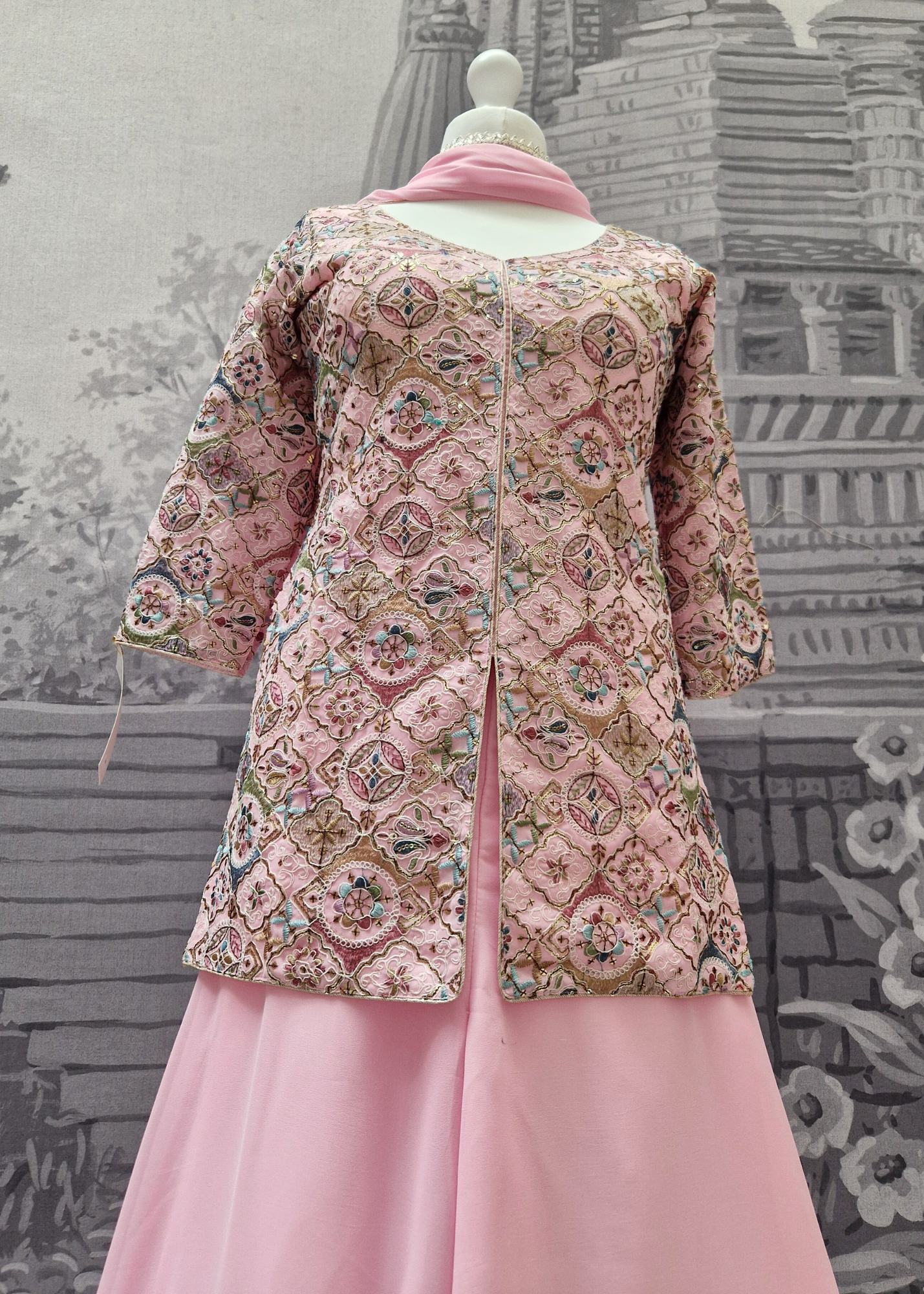 Pink Multicolour Embroidered Sharara Suit (Size 10-12)