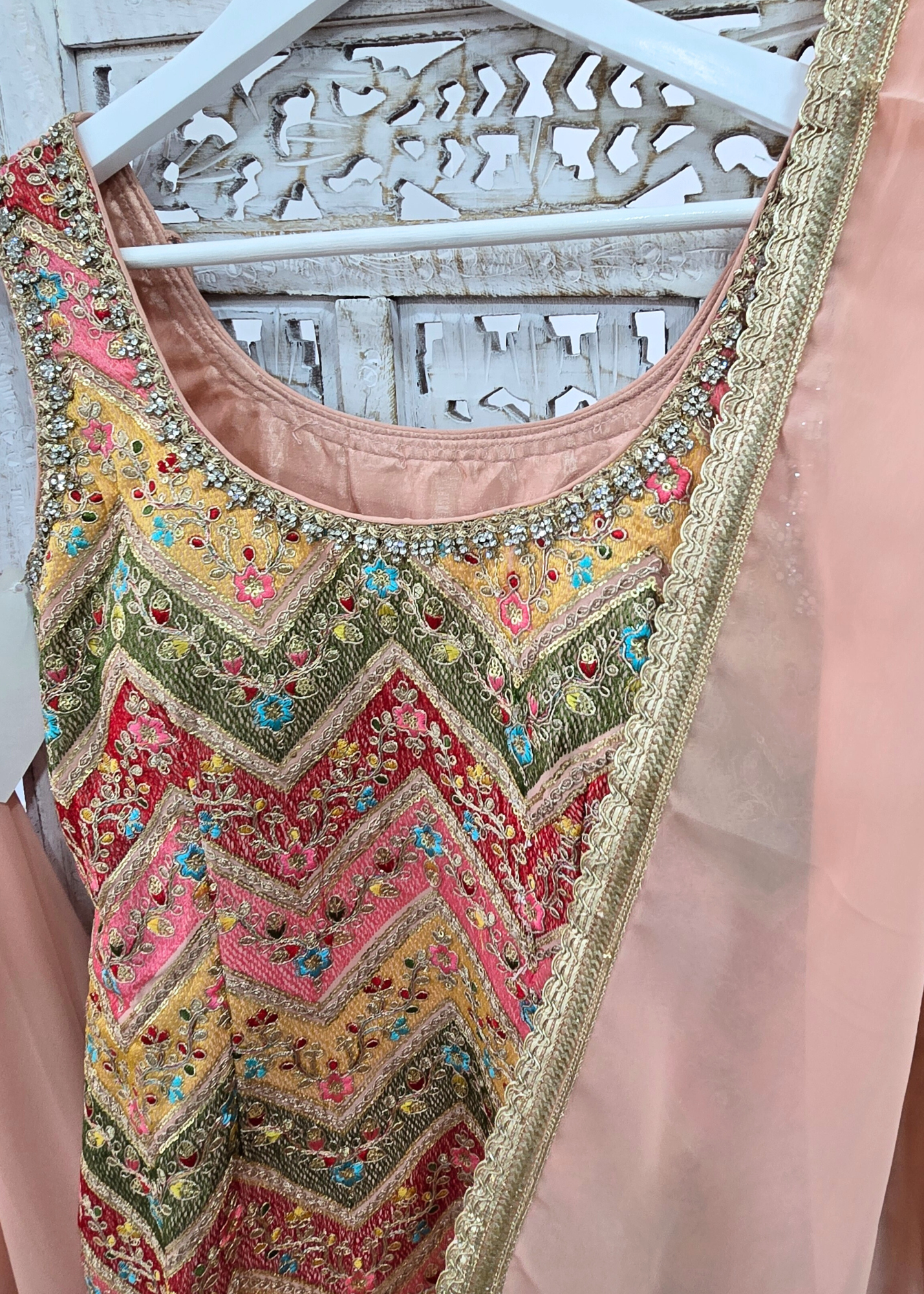 Peach Multicolour Embroidered Sharara Suit (Size 10-12)