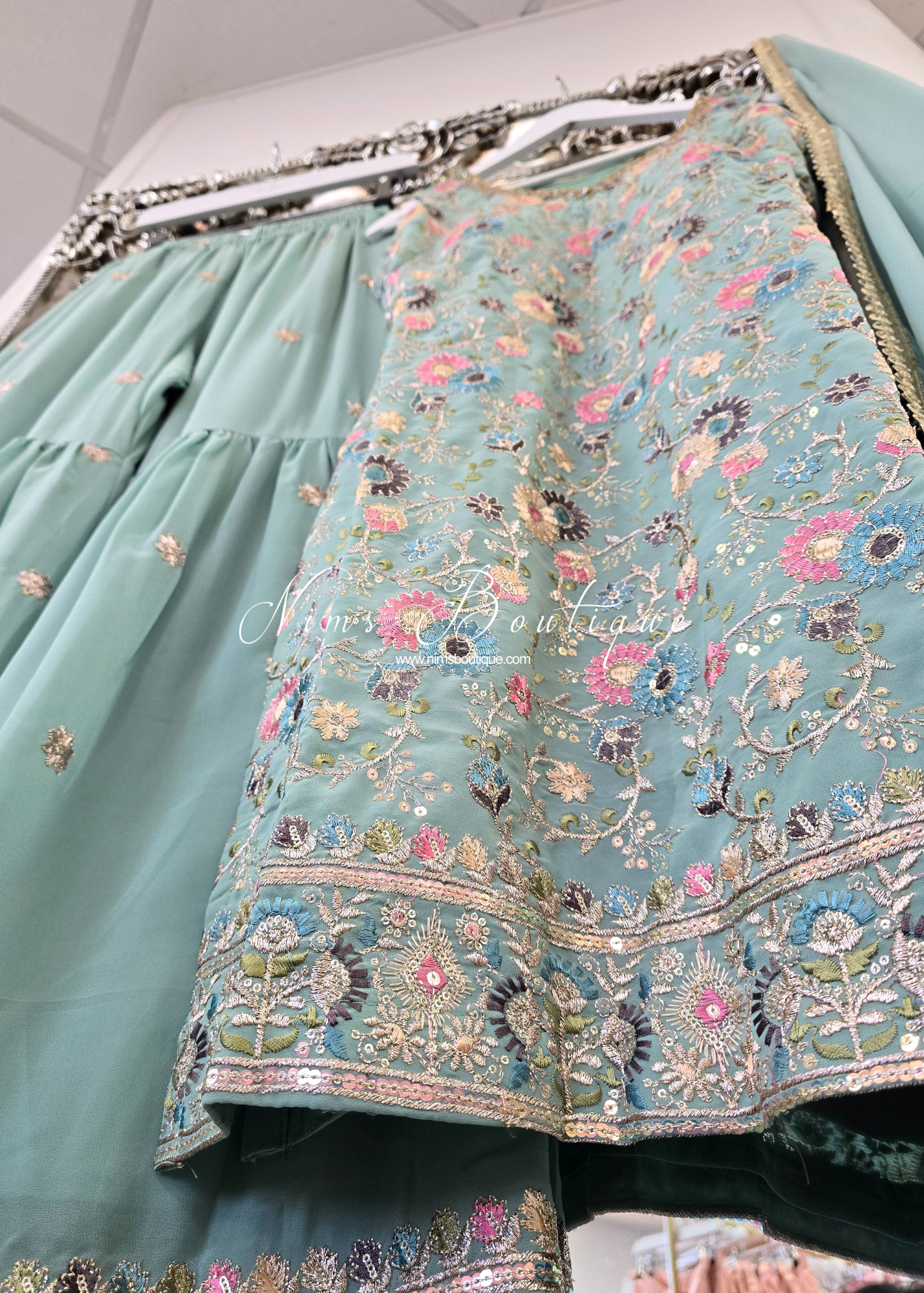 Duck Egg & Pastels Thread Embroidered Gharara Suit (size 10-12)