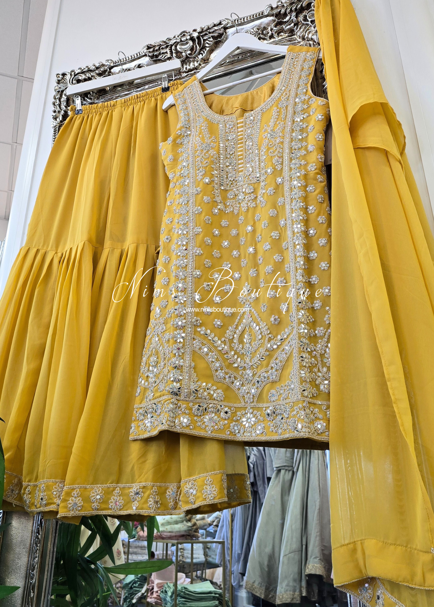 Mustard Yellow Thread Embroidered Gharara Suit (size 10-12)