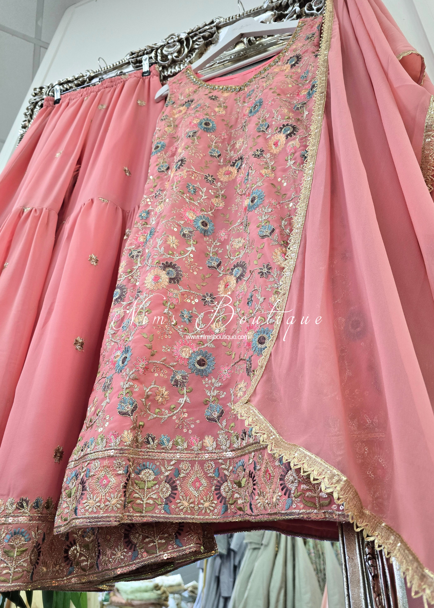 Dusky Pink & Pastels Thread Embroidered Gharara Suit (size 10-12)