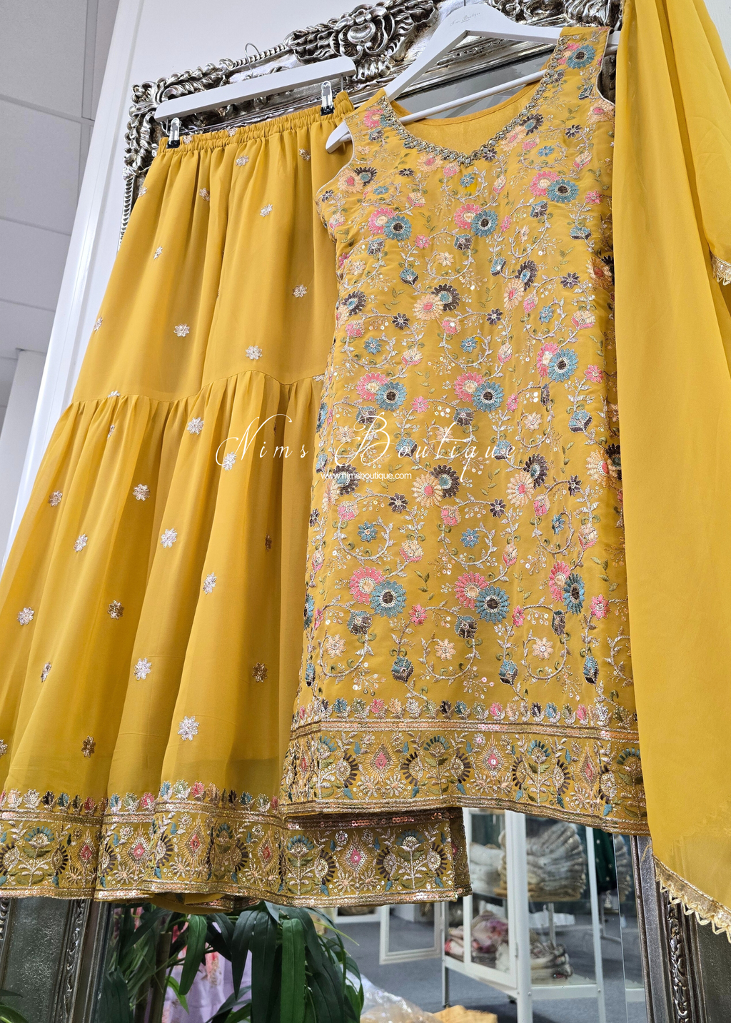 Mustard & Pastels Thread Embroidered Gharara Suit (size 10-12)