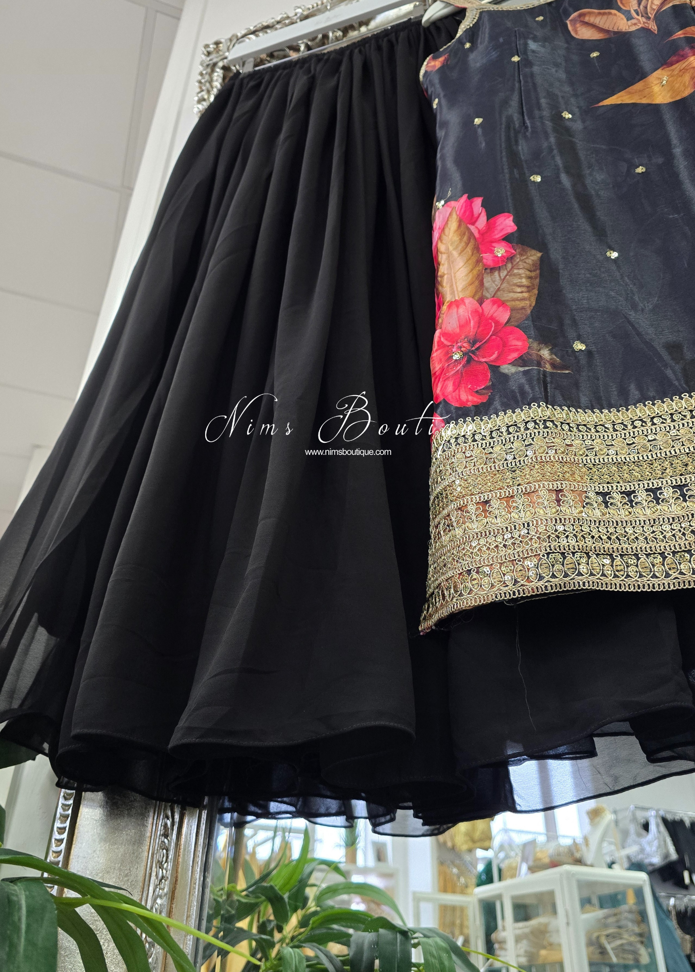 Black Floral Strap Embroidered Sharara Suit (size 14-16)