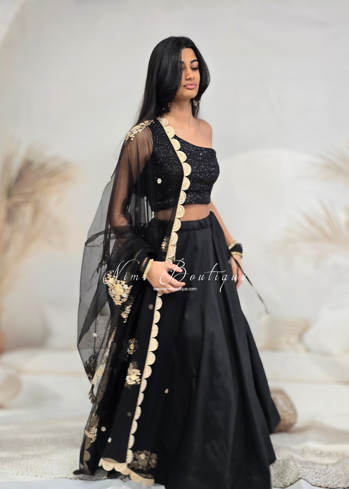 Black Net Pearl Embellished Dupatta/Chunni with Luxury Pearl Edging (NPE5)