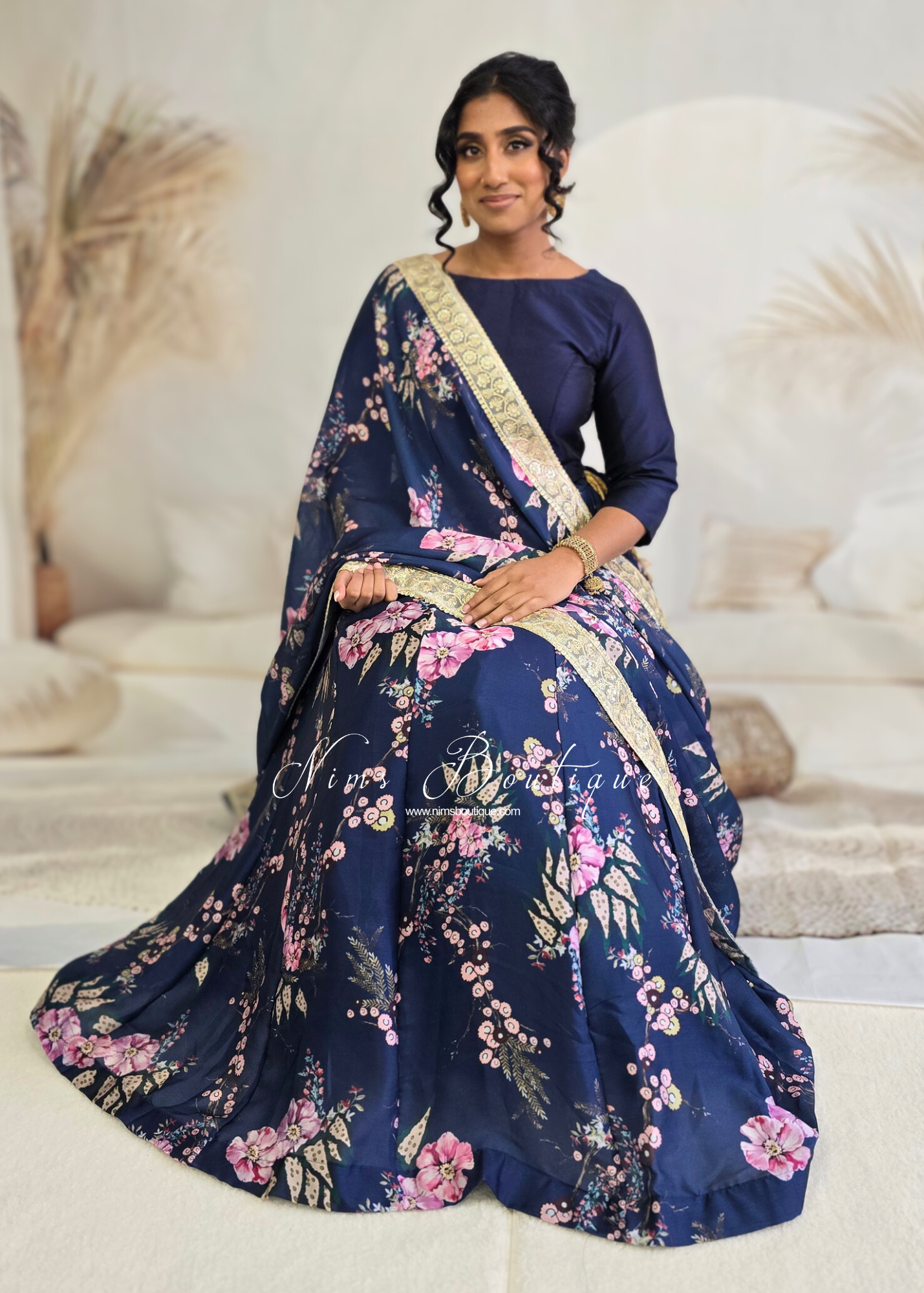 Sakura Navy Satin Print Dupatta/Chunni sequin edging