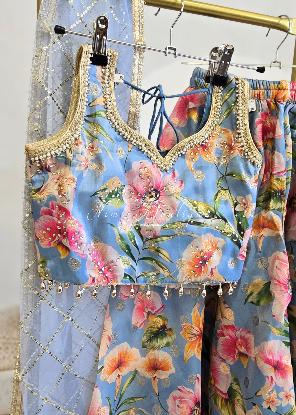 Blue Floral Kids Trouser Suit