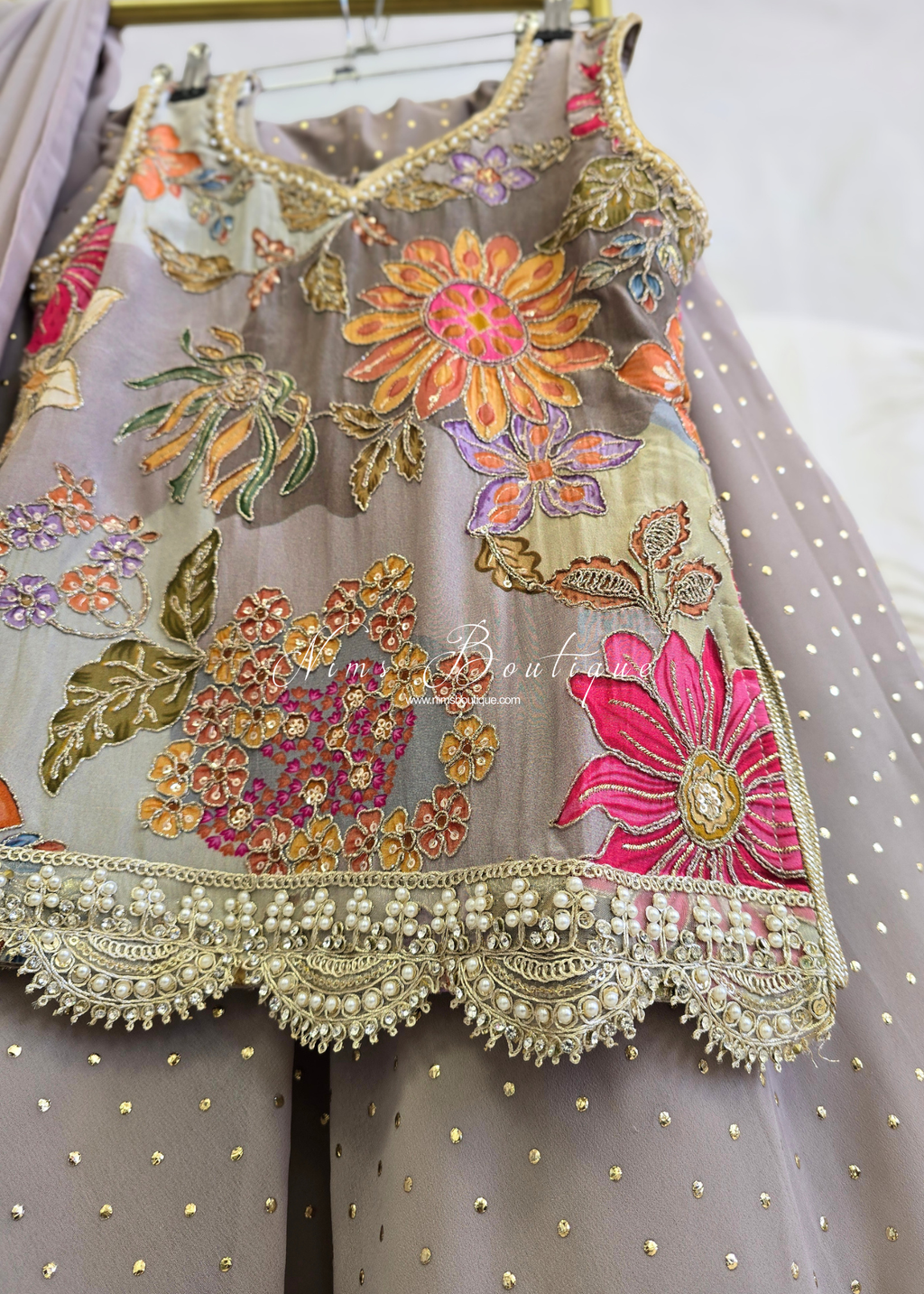 Beige/Grey Floral Kids Lehnga
