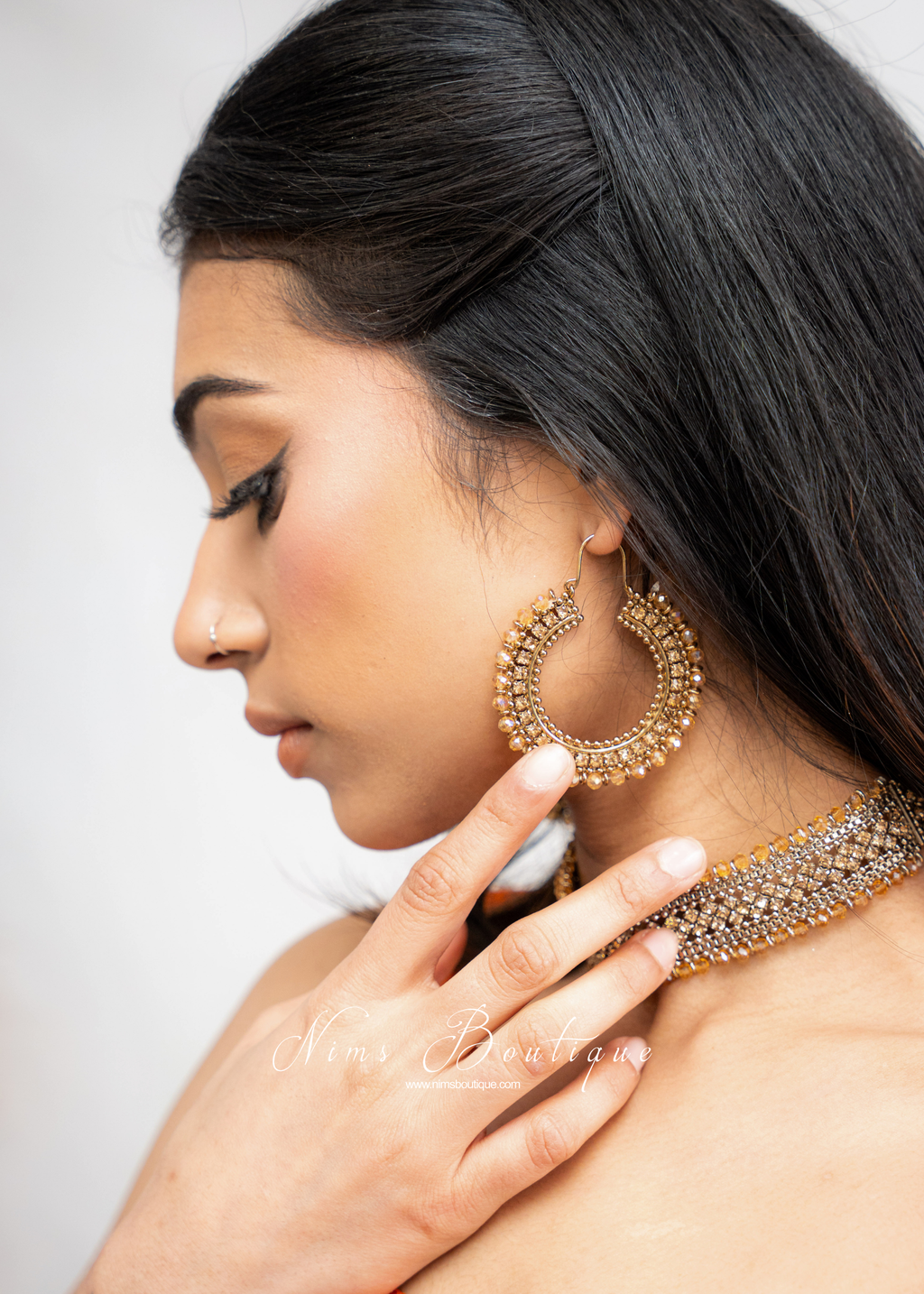 Royal Antique Gold & Gold Stone Bali Hoop earrings