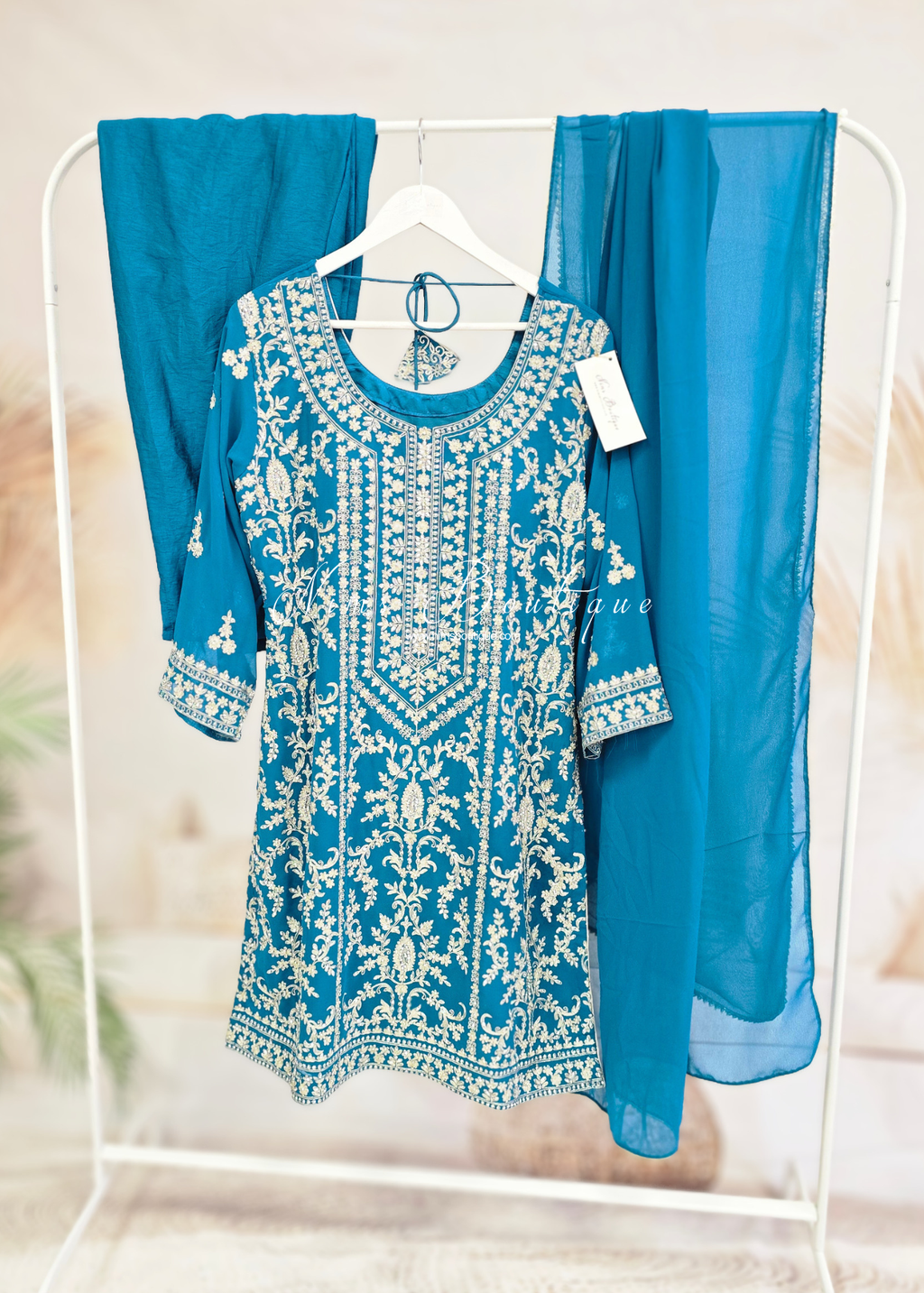 Blue/Teal Embroidered Trouser Suit (size 16)