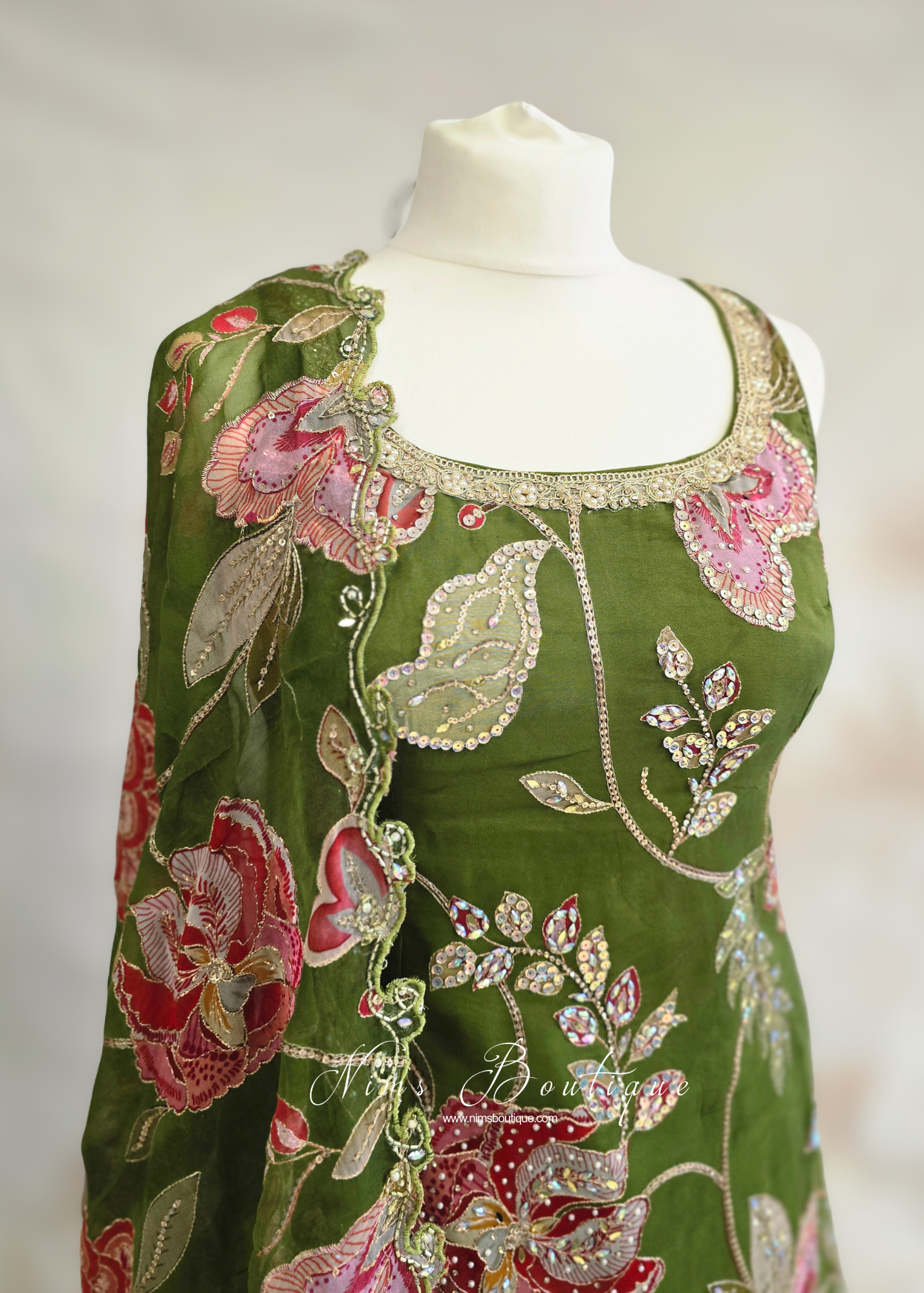 Luxury Olive Green Embellished Gharara Suit (size 10-12)
