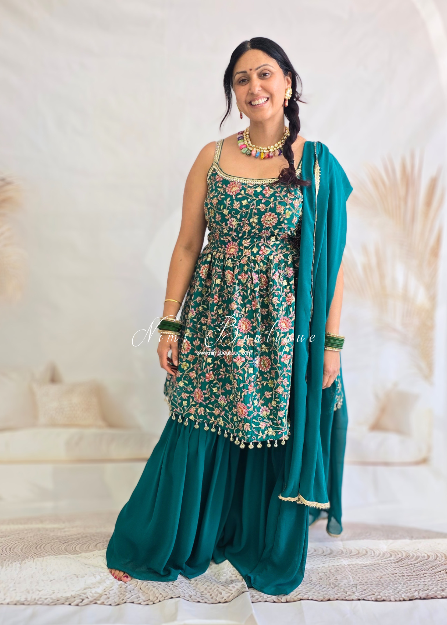 Deep Green Frock Thread Embroidered Gharara Suit (size 12)