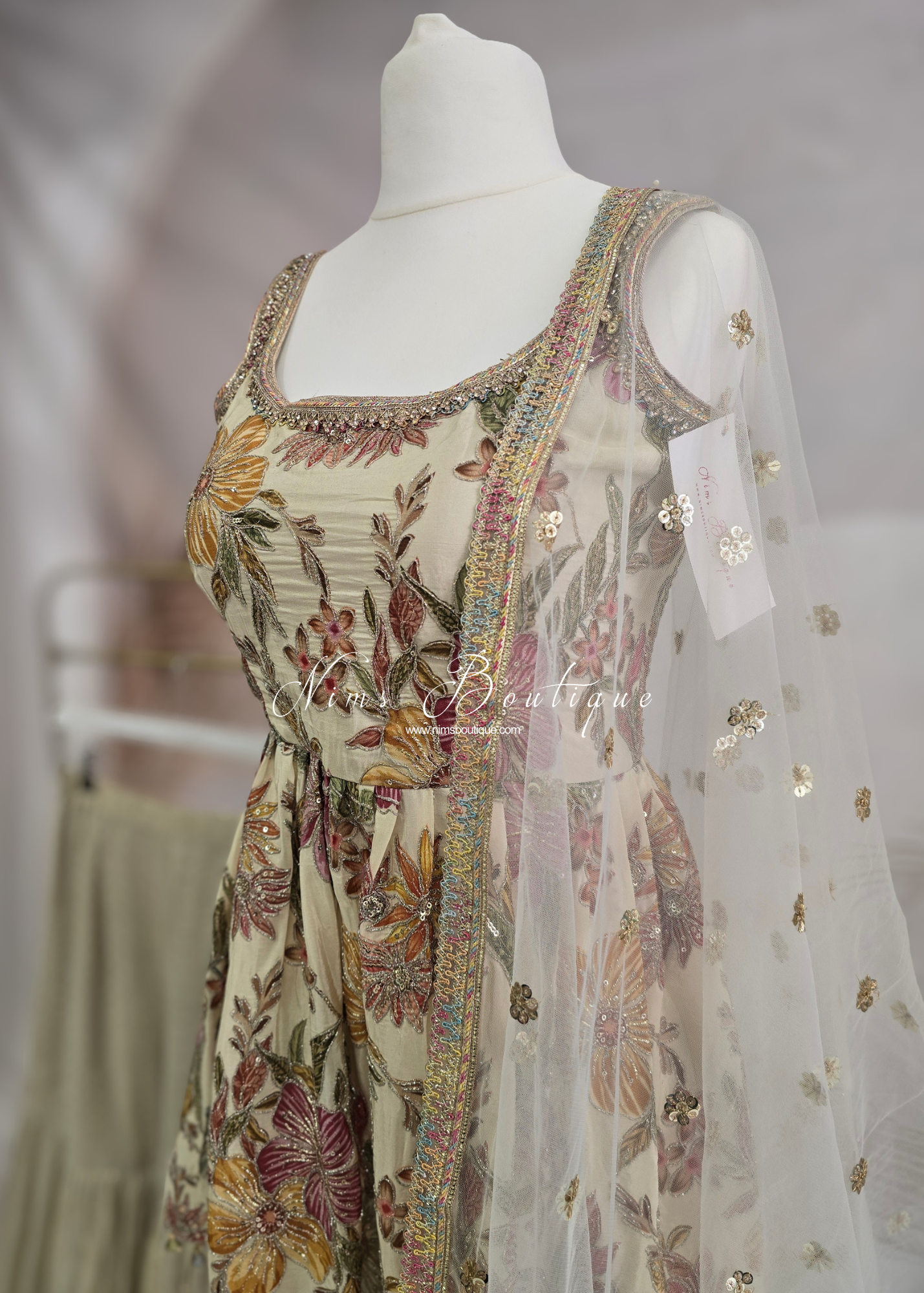 Cream Frock Thread Embroidered Gharara Suit (size 12-14)