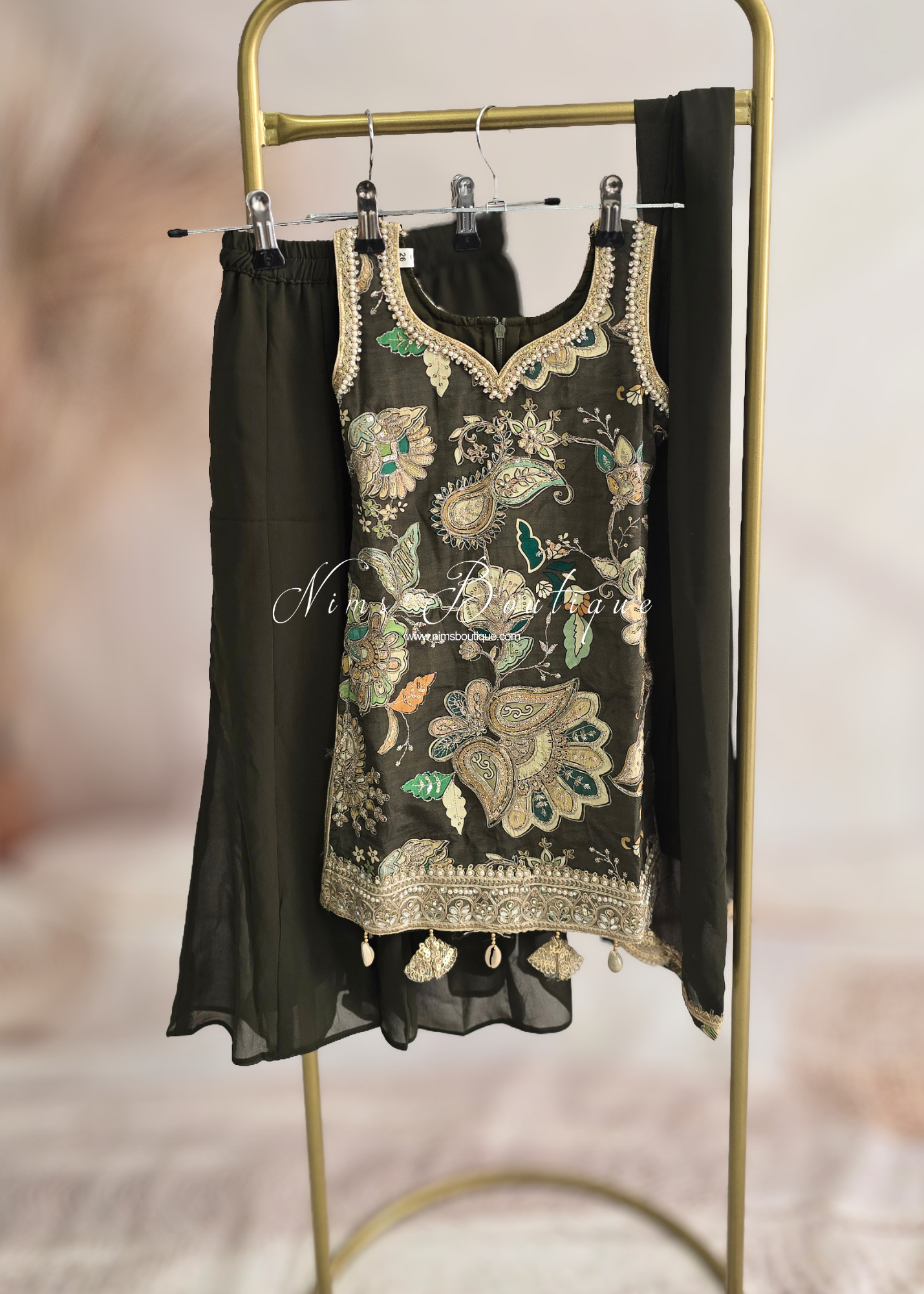 Kids Dark Green Floral Sharara Suit