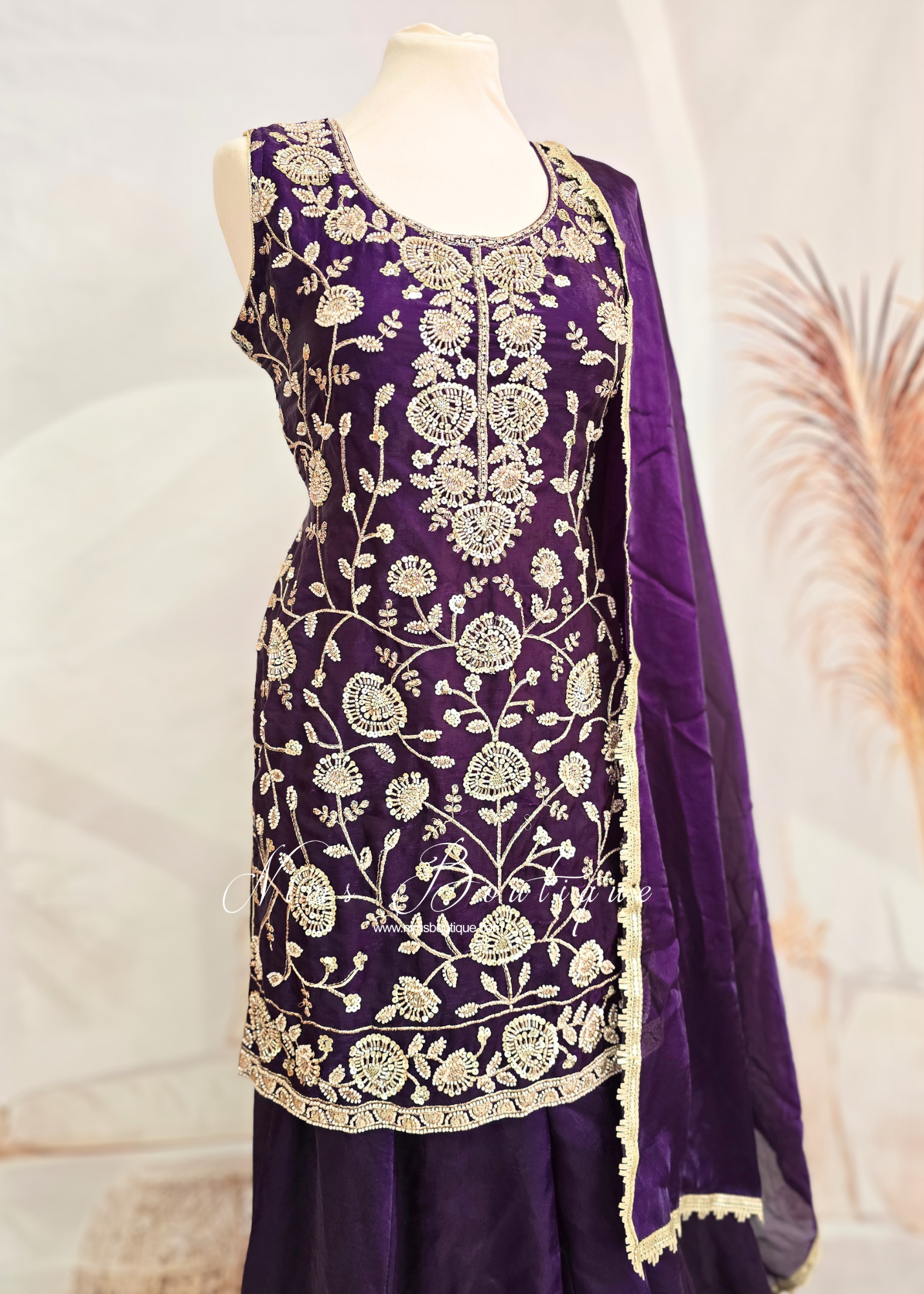 Purple Pearl Embroidered Sharara Suit (Size 10-12)