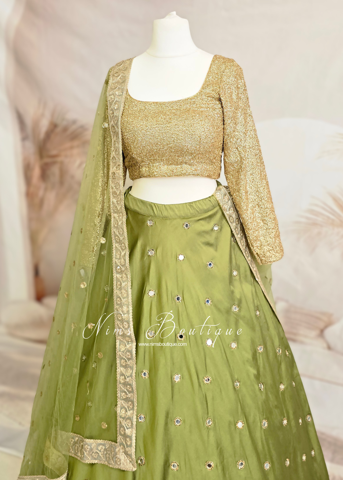 Rani Luxury Silk Mehndi Green Mirror readymade skirt/lehnga (sizes 8-20)