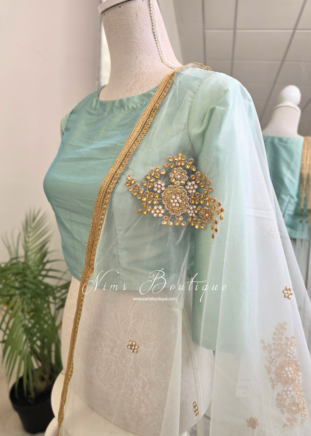 Light Mint Net Pearl Embellished Dupatta/Chunni with Gold Edging