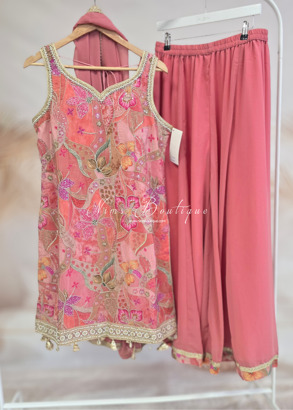 Coral Peach Floral Thread Embroidered Sharara Suit (size 14-16)