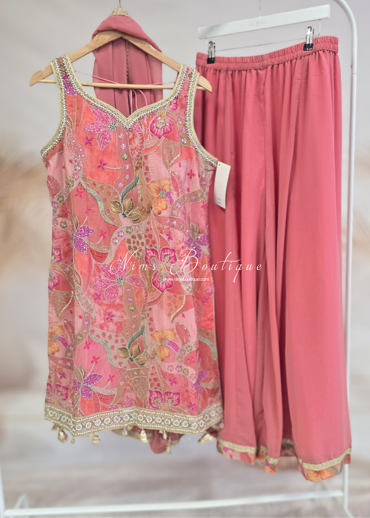 Coral Peach Floral Thread Embroidered Sharara Suit (size 14-16)