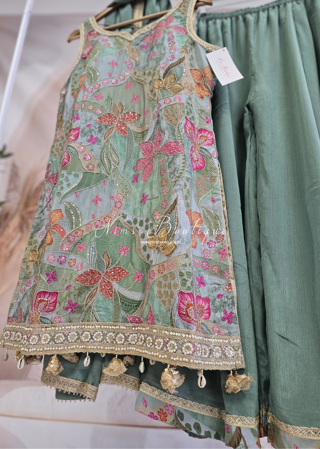 Deep Sage Floral Thread Embroidered Sharara Suit (size 14-16)