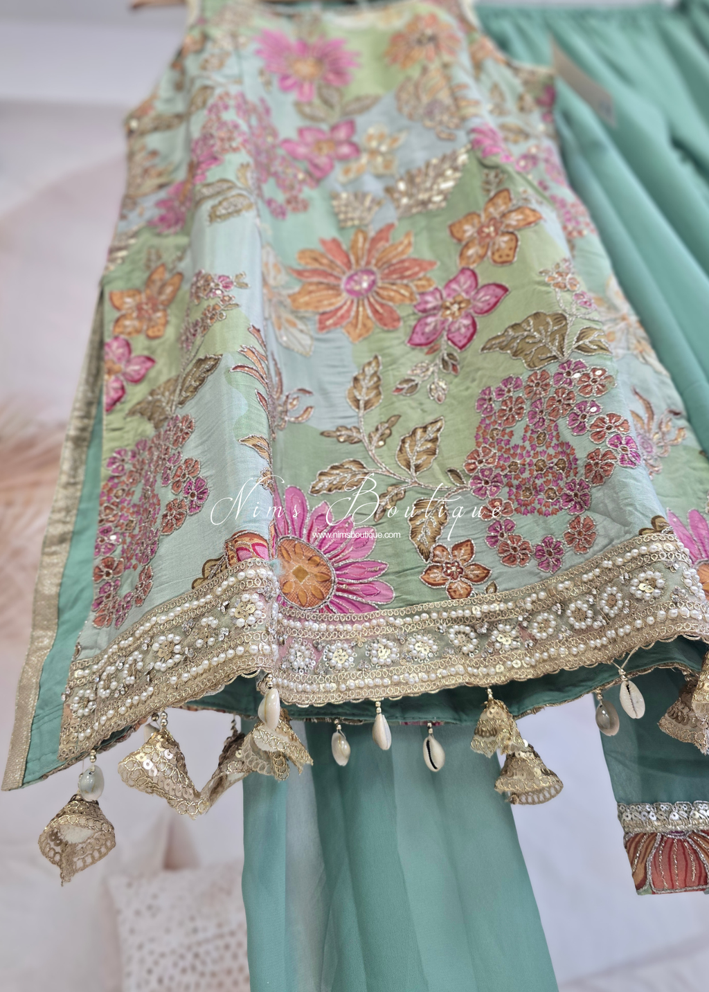 Dusky Mint Floral Thread Embroidered Sharara Suit (size 18-20)
