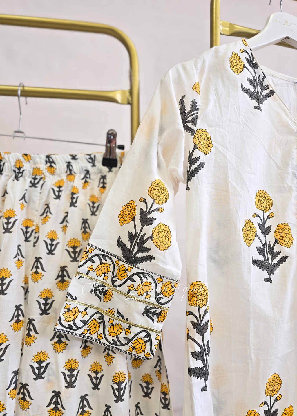 White Yellow Cottom Printed Floral Gharara Suit (size 14-18)