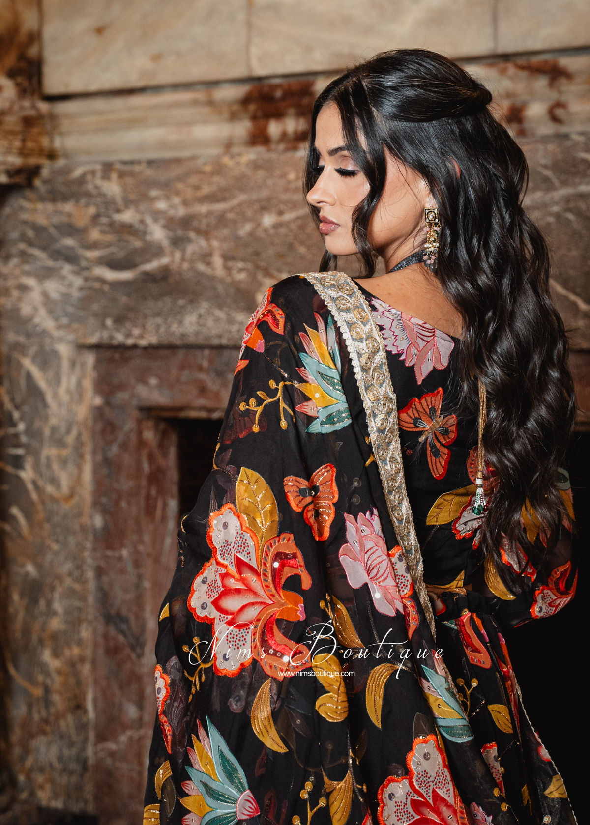 Evelina Black & Orange Floral Dupatta/Chunni