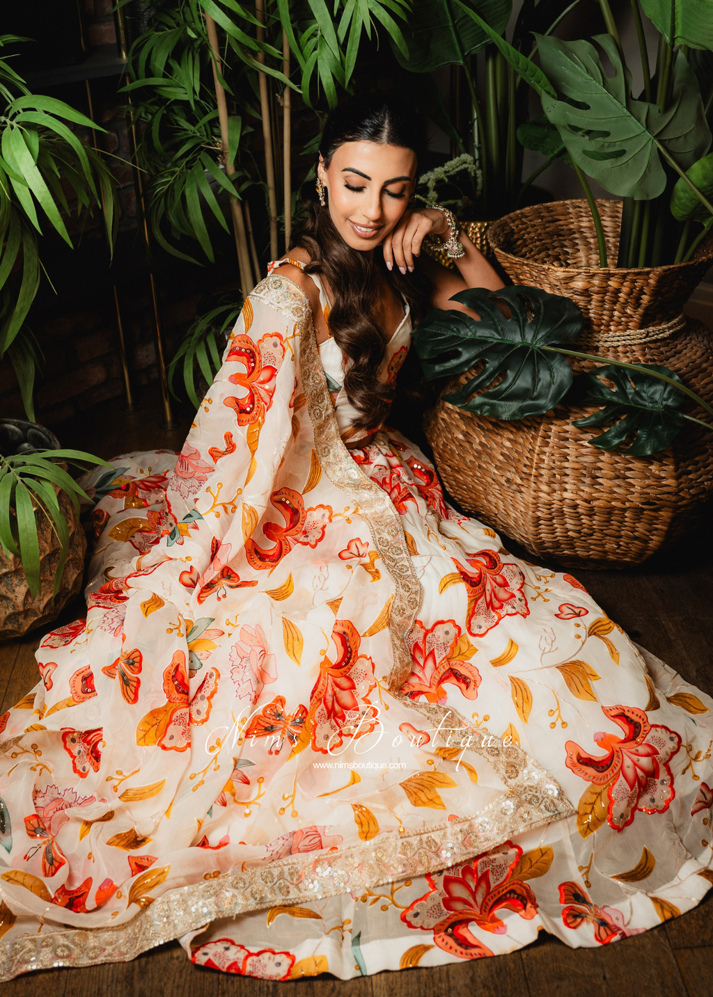 Evelina Ivory & Orange Floral Dupatta/Chunni