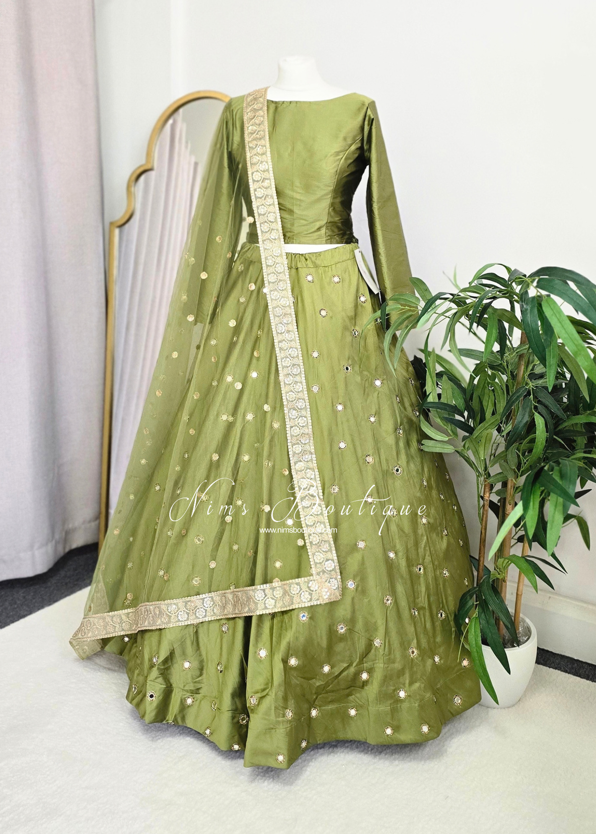 Mehndi Green Silk High Neck Blouse with sleeves (8-20)