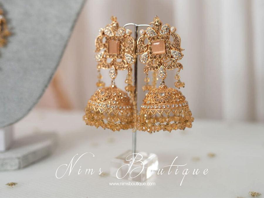 Nims Boutique Ridhi Peach & Gold Earrings, Tikka & Passa Set