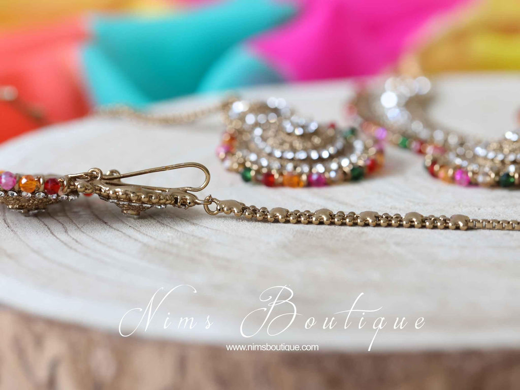 Nims Boutique Small Royal Antique Gold Multicolour set with earring chains M5