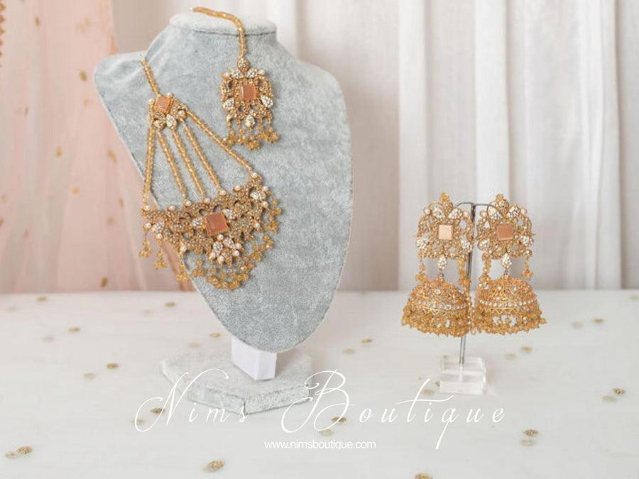 Nims Boutique Ridhi Peach & Gold Earrings, Tikka & Passa Set