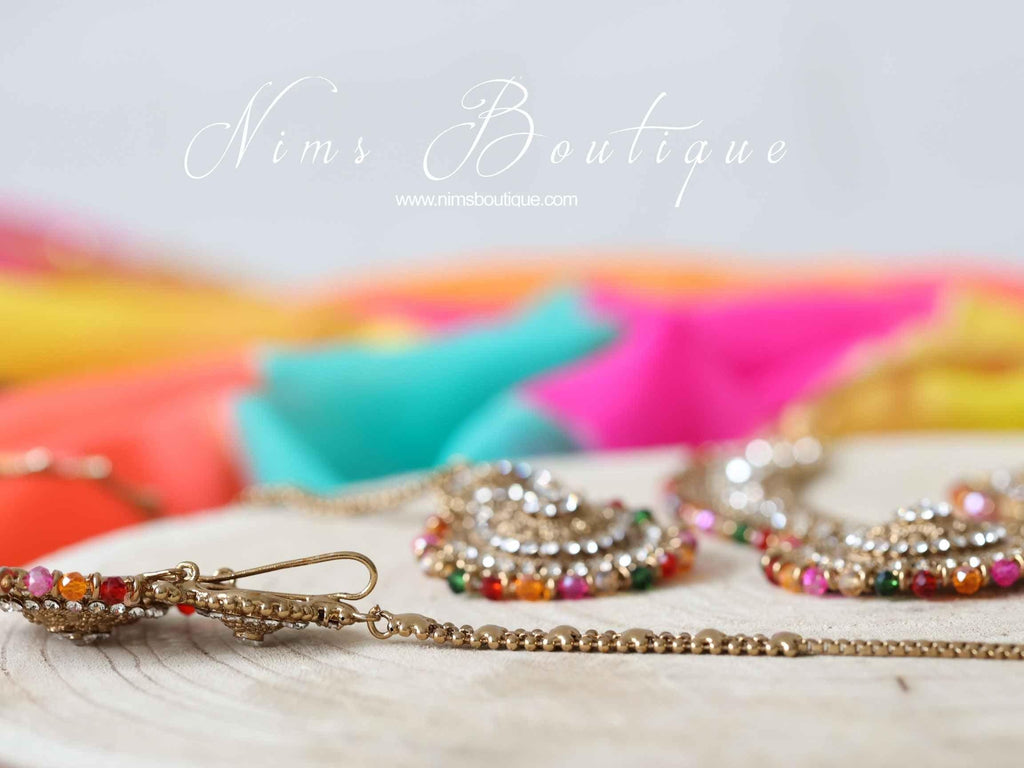 Nims Boutique Small Royal Antique Gold Multicolour set with earring chains M5