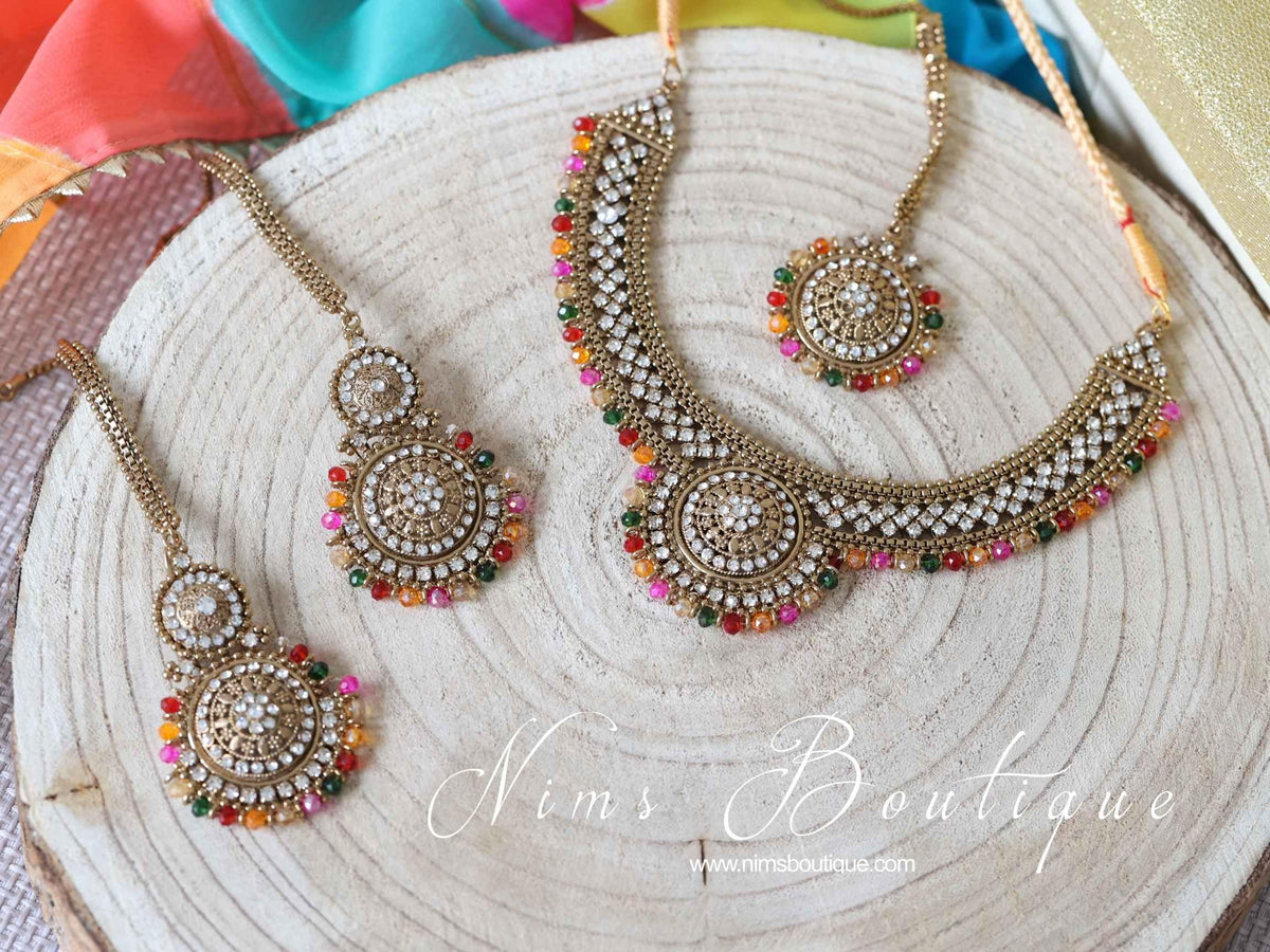 Nims Boutique Small Royal Antique Gold Multicolour set with earring chains M5