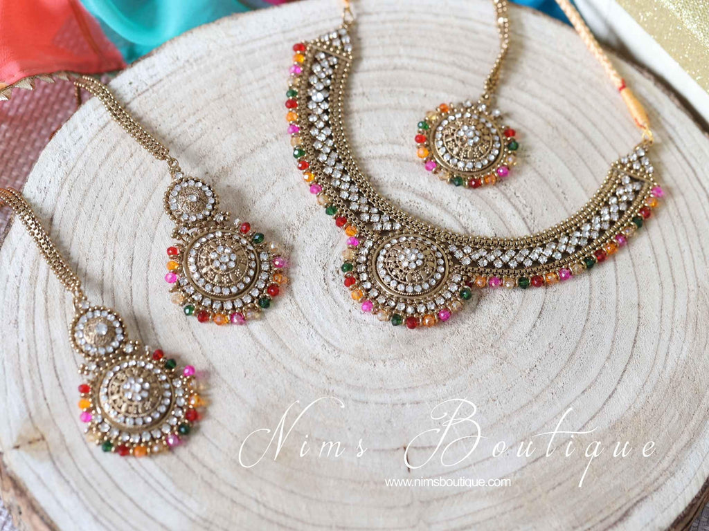 Nims Boutique Small Royal Antique Gold Multicolour set with earring chains M5