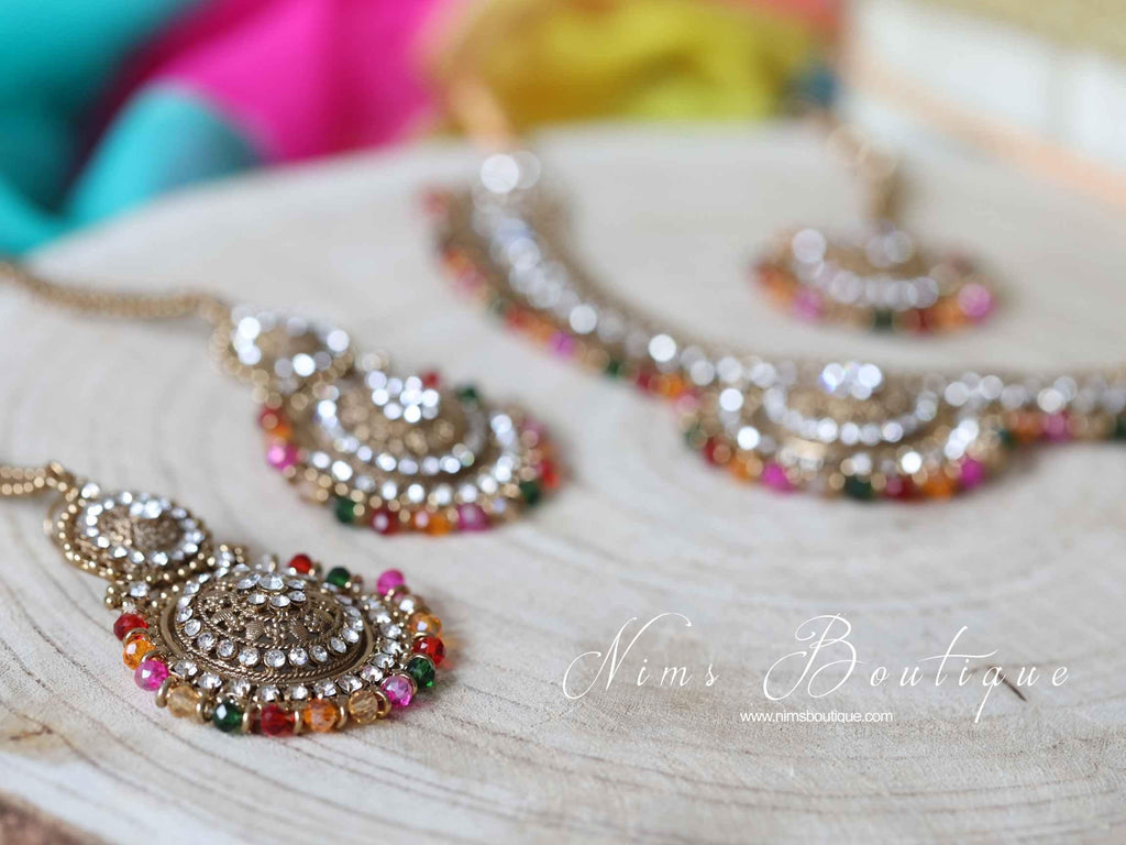 Nims Boutique Small Royal Antique Gold Multicolour set with earring chains M5
