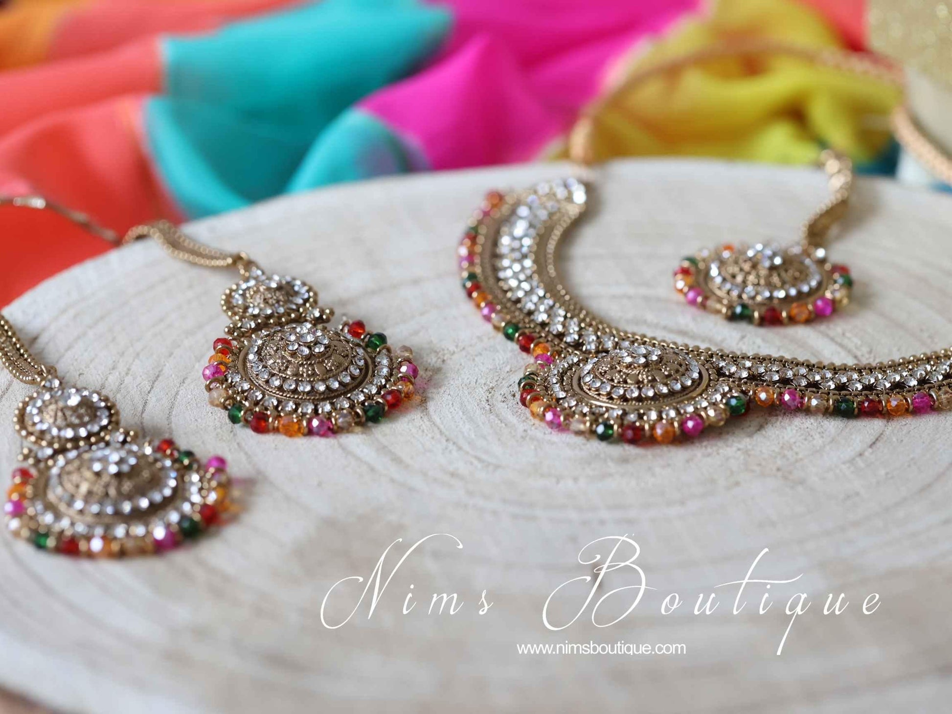 Nims Boutique Small Royal Antique Gold Multicolour set with earring chains M5
