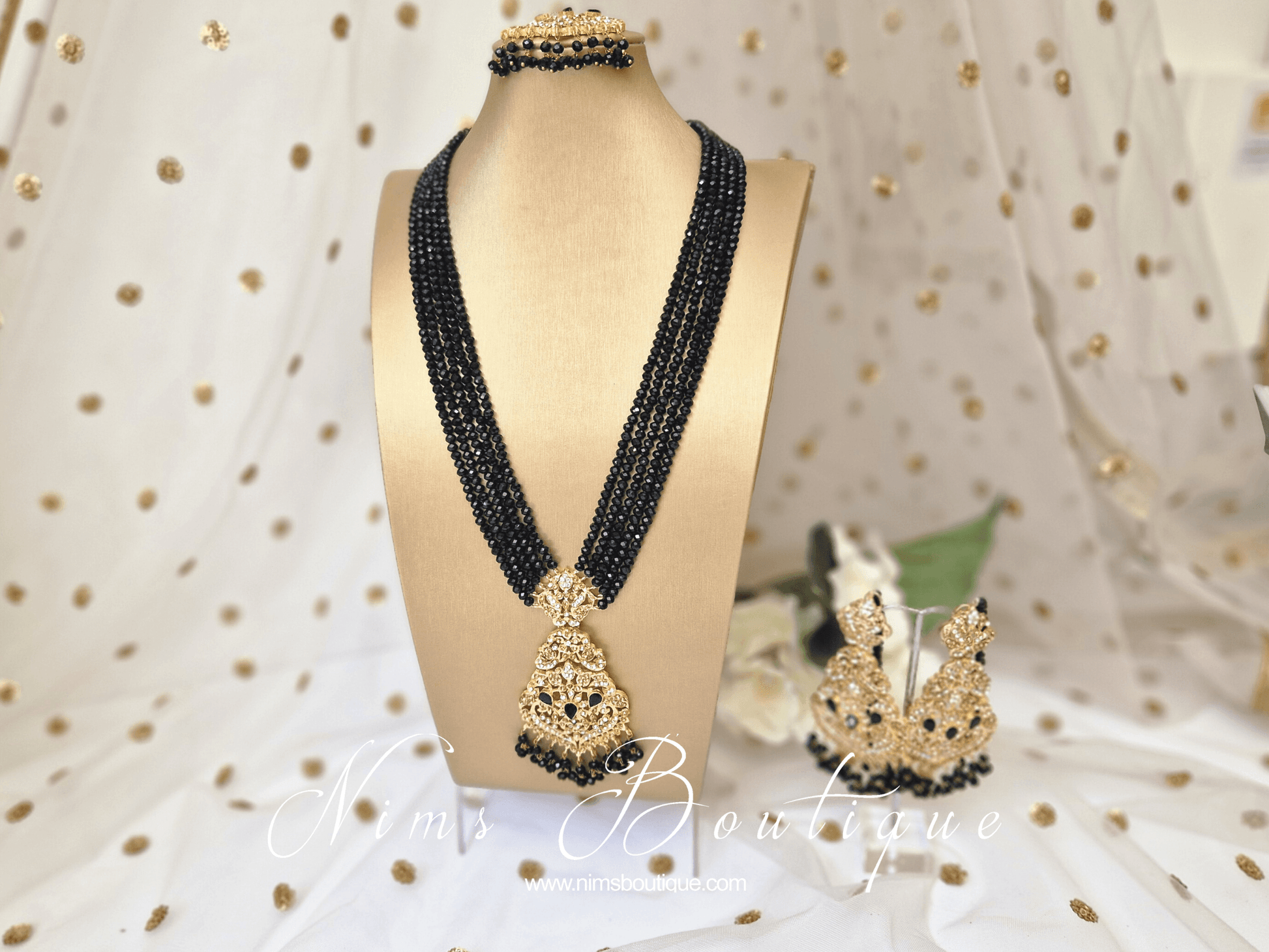 Nims Boutique Neena Black & Gold Long Necklace Set