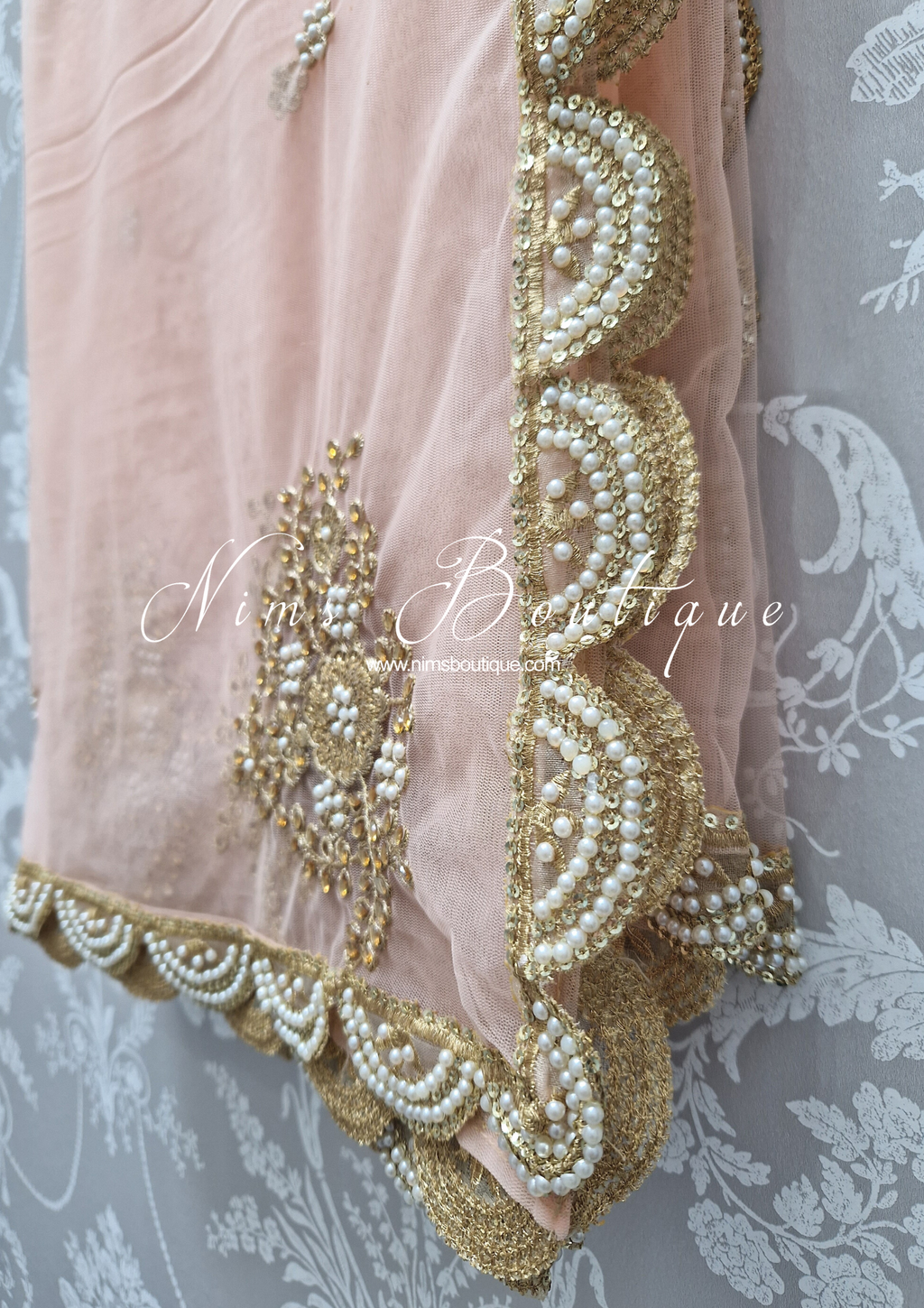 Nims Boutique Pastel Peach Net Pearl Embellished Dupatta/Chunni with Luxury Pearl Edging