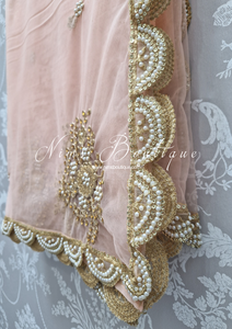 Nims Boutique Pastel Peach Net Pearl Embellished Dupatta/Chunni with Luxury Pearl Edging