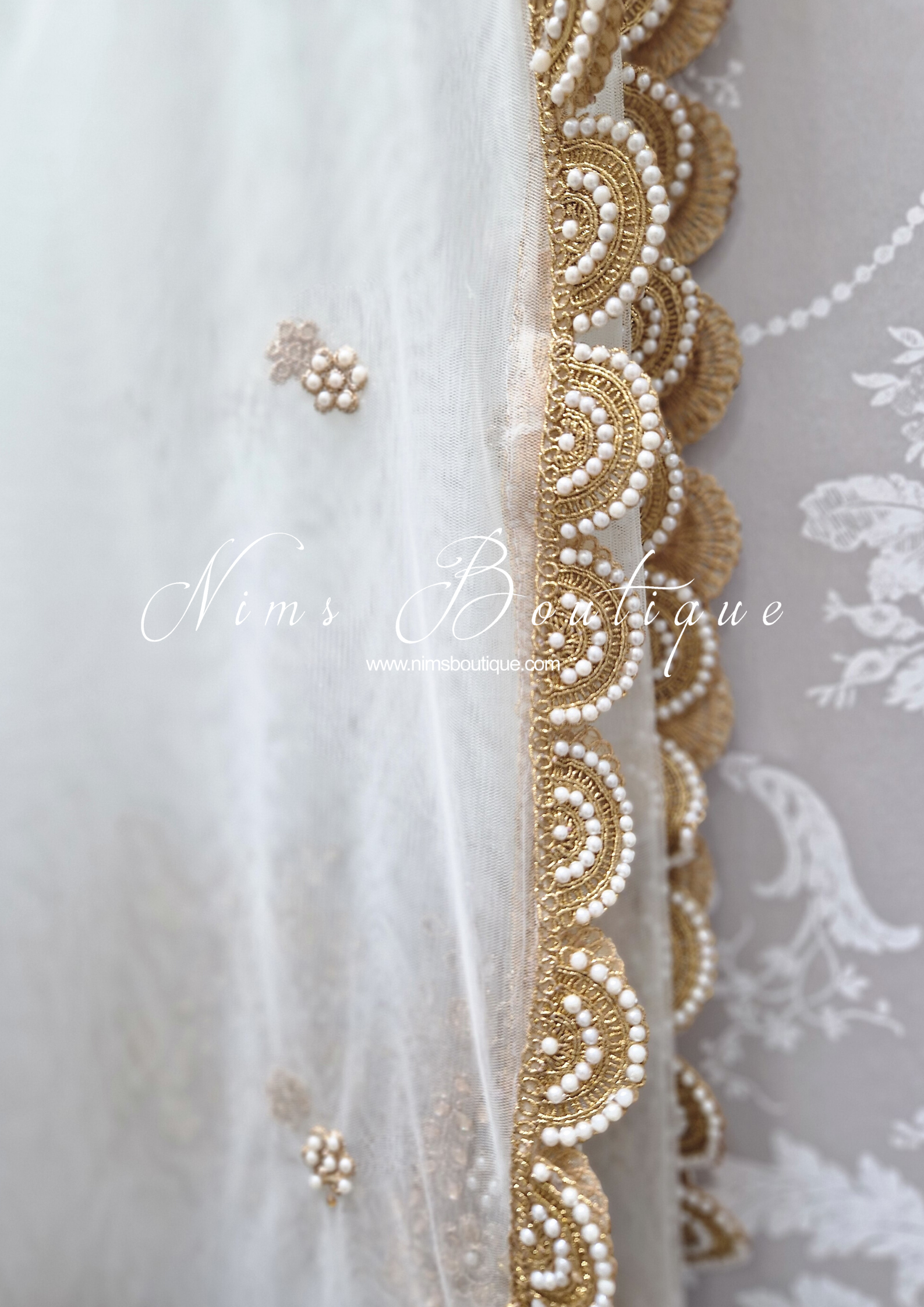 Nims Boutique White Net Pearl Embellished Dupatta/Chunni with Luxury Pearl Edging NPE2