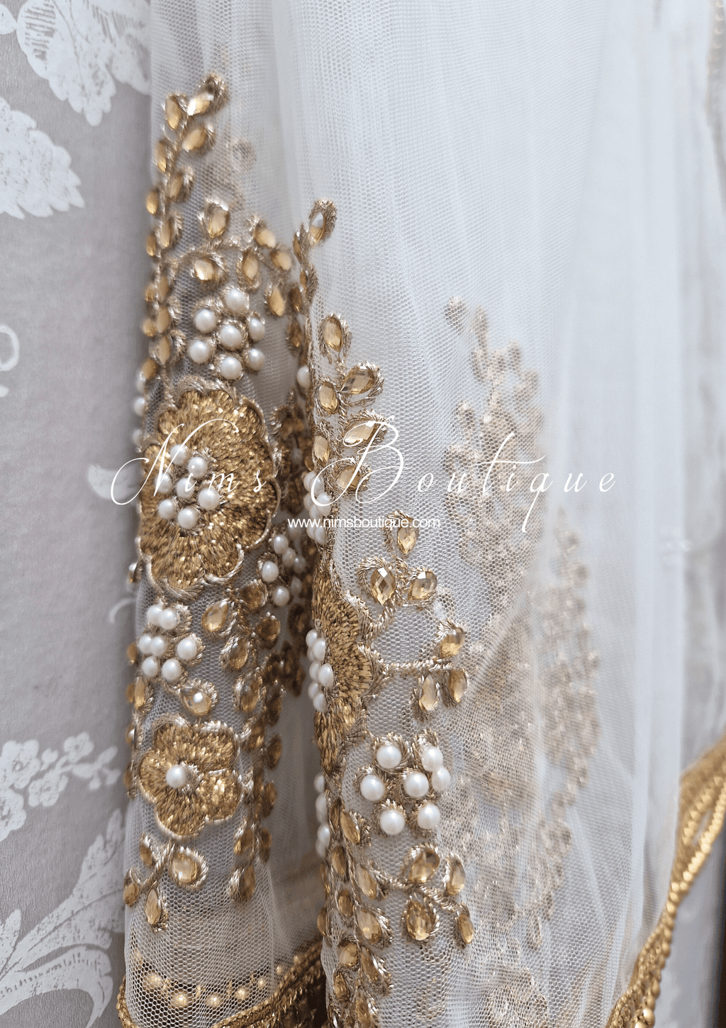 Nims Boutique White Net Pearl Embellished Dupatta/Chunni with Gold Bead Edging GB2