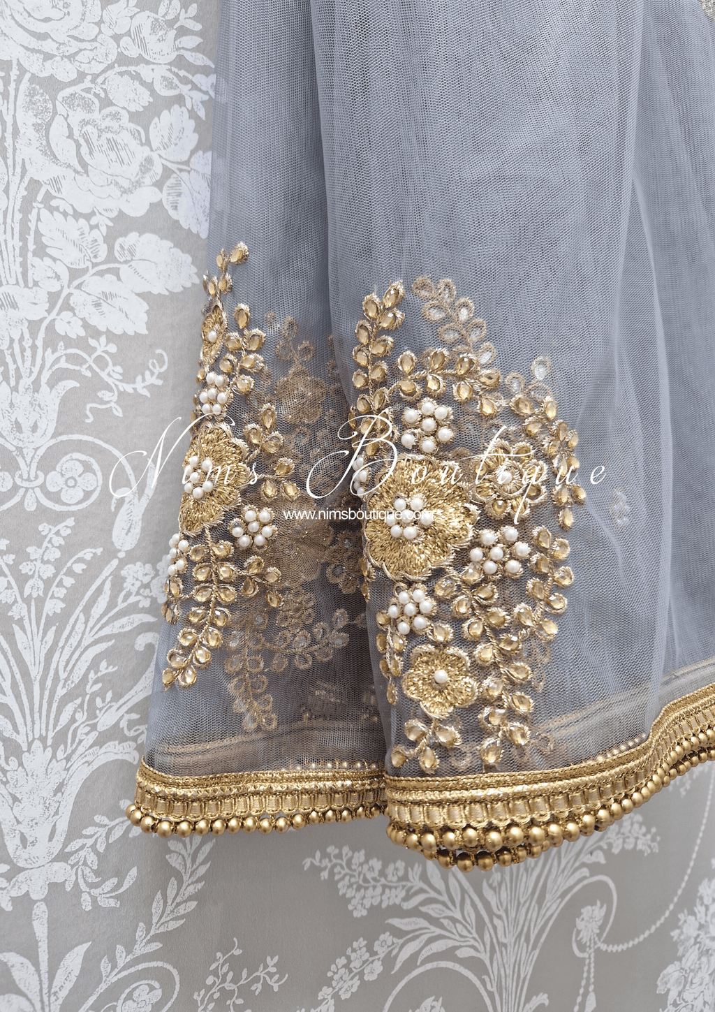 Nims Boutique Grey Net Pearl Embellished Dupatta/Chunni with Gold Bead Edging GB1