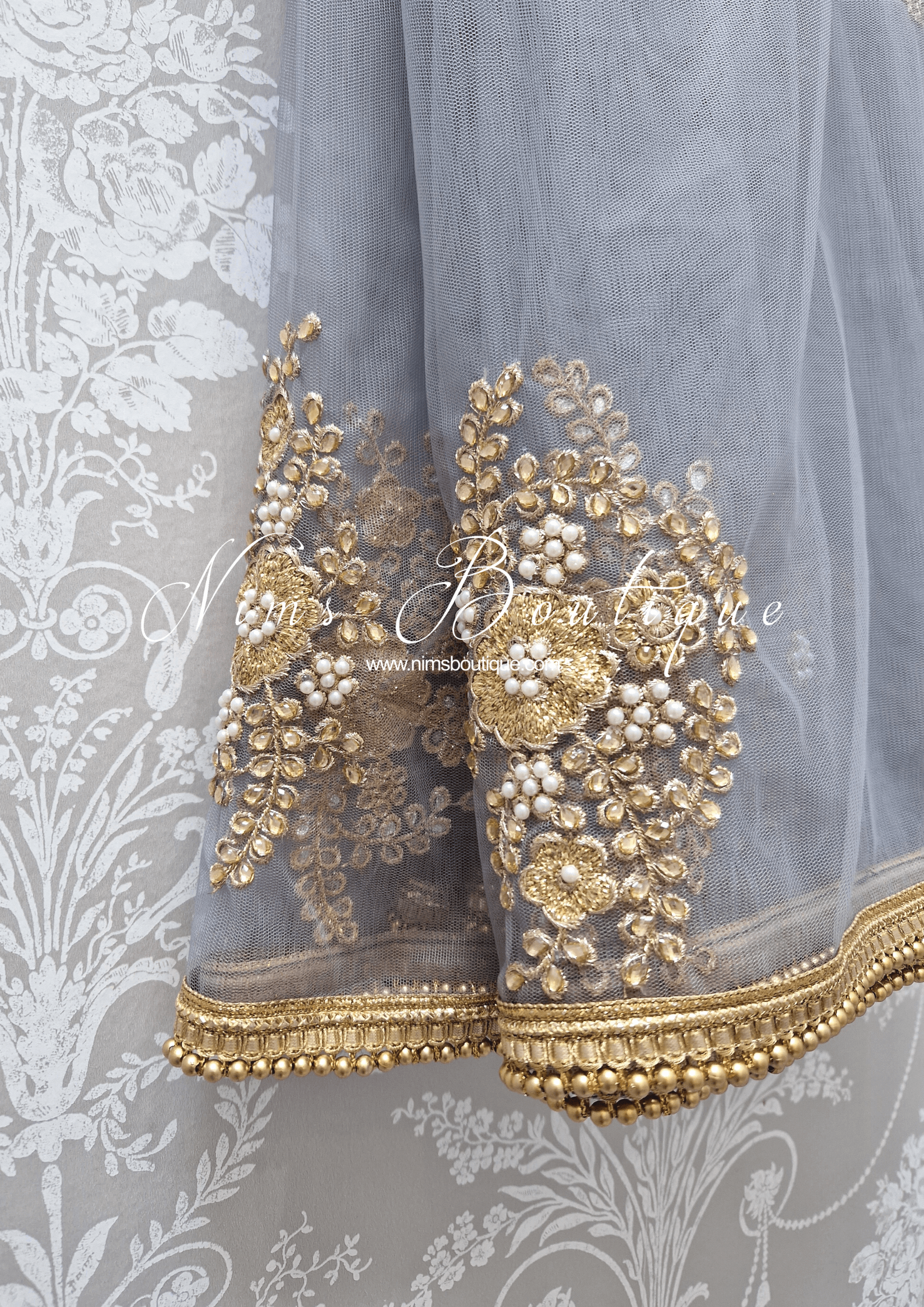 Nims Boutique Grey Net Pearl Embellished Dupatta/Chunni with Gold Bead Edging GB1