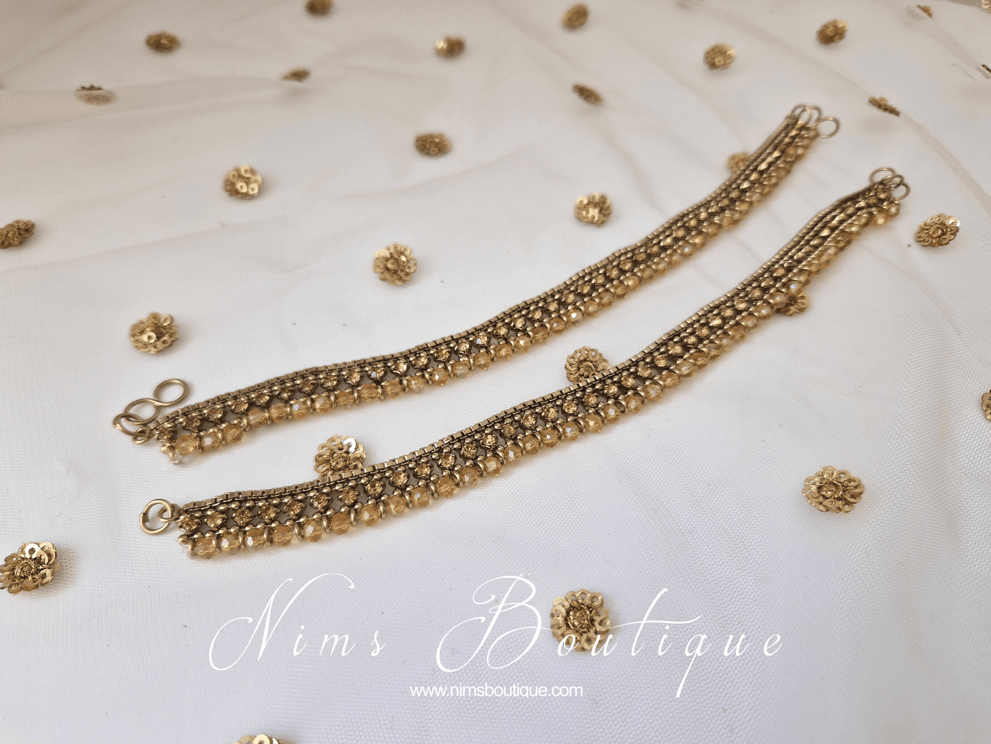 Nims Boutique Pair of Royal Antique Gold & Gold Stone Anklets