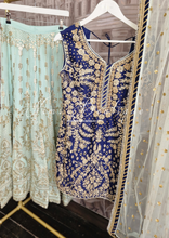 Luxury Silk Navy & Mint Embellished Sharara Suit Size 12-14