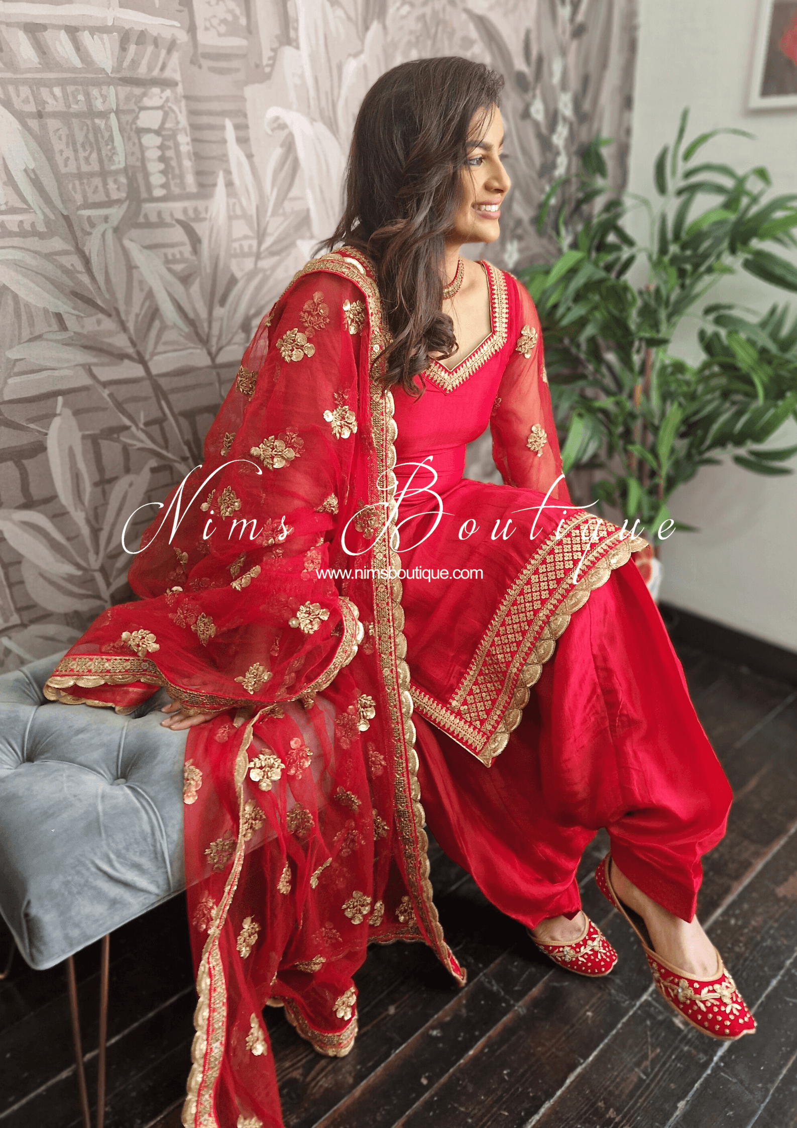 Nims Boutique The NB Classic Long Sleeved Red Silk Salwar Suit sizes 4-18