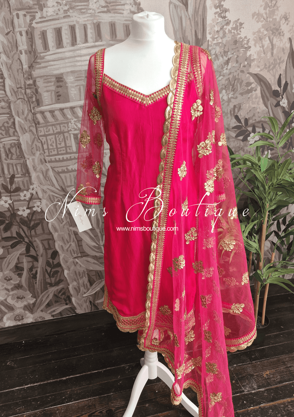 Nims Boutique The NB Classic Long Sleeved Hot Pink Silk Pajami Suit sizes 12 to 22