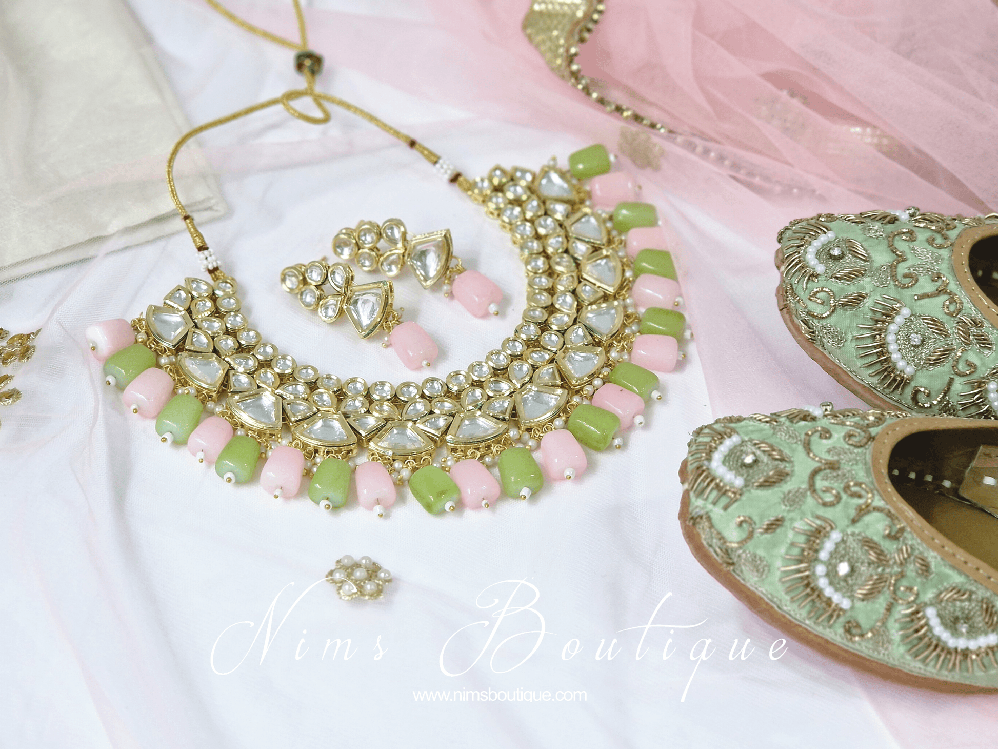 Nims Boutique Freya Mint & Pink Kundan Set